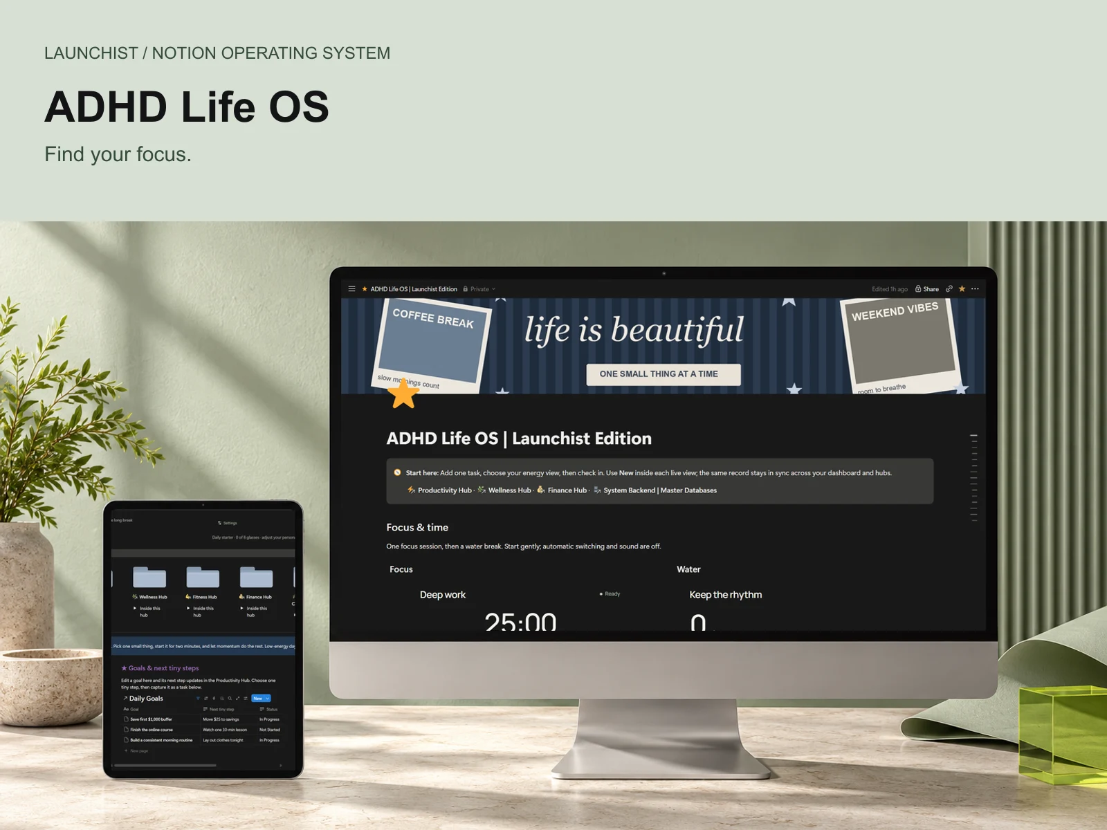 ADHD Life OS editorial cover featuring real Notion dashboard screenshots