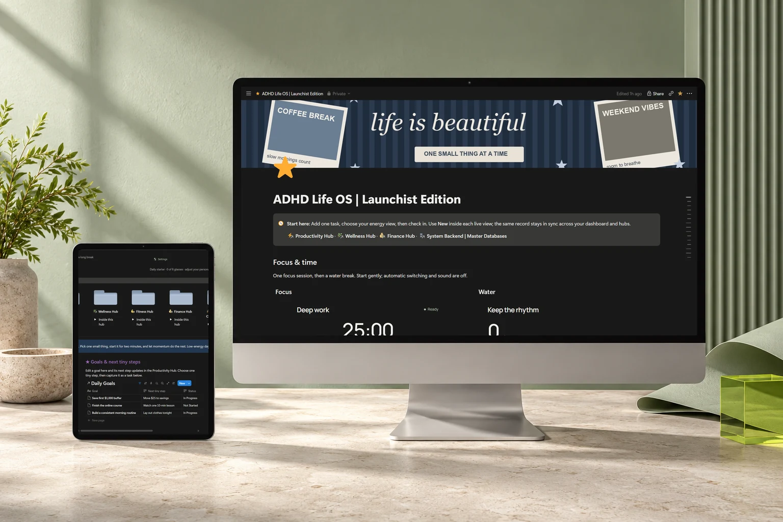 ADHD Life OS: genuine Notion dashboards composited into an original studio device photograph
