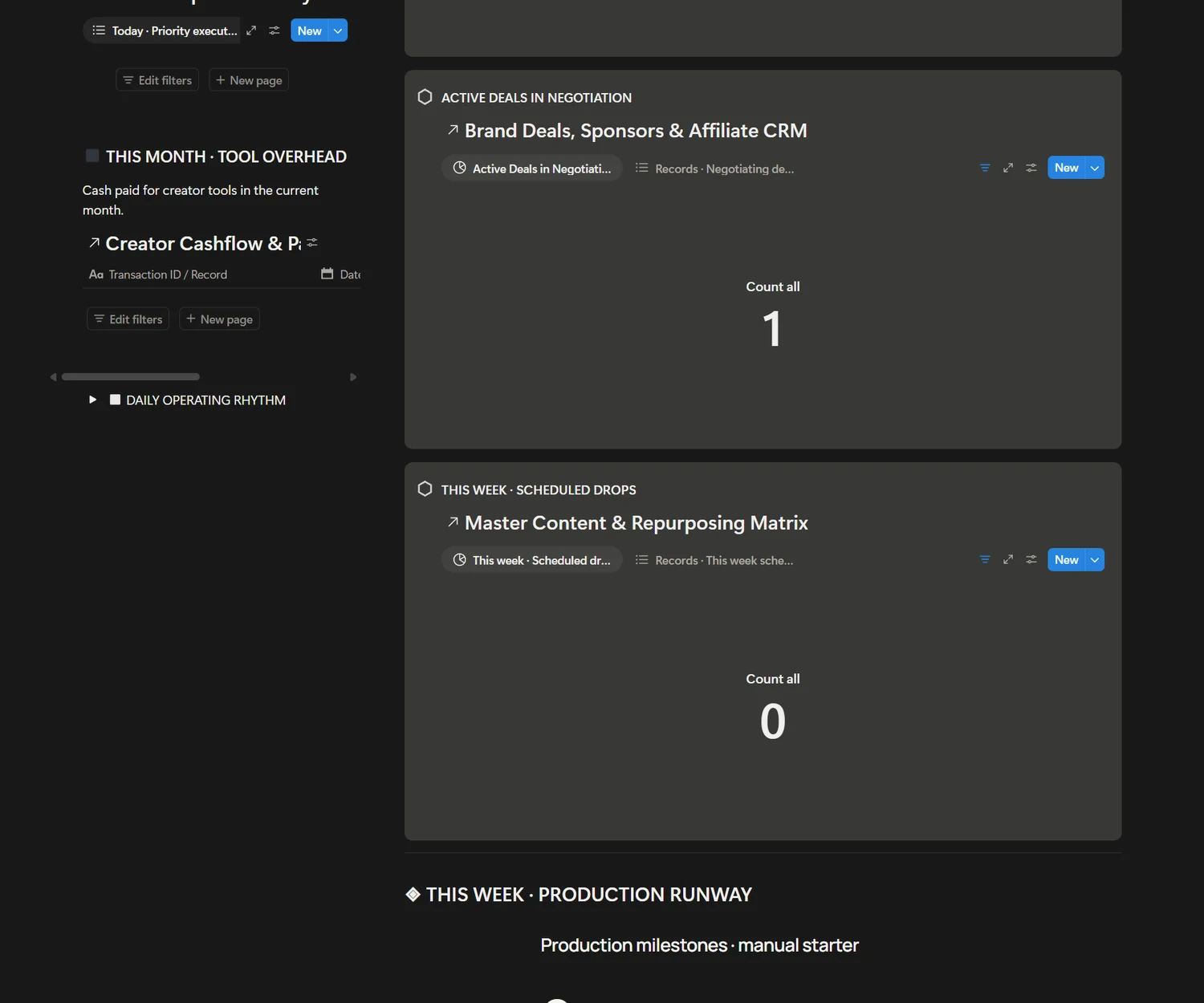 Detailed view of the actual The Monetized Creator OS Notion workspace