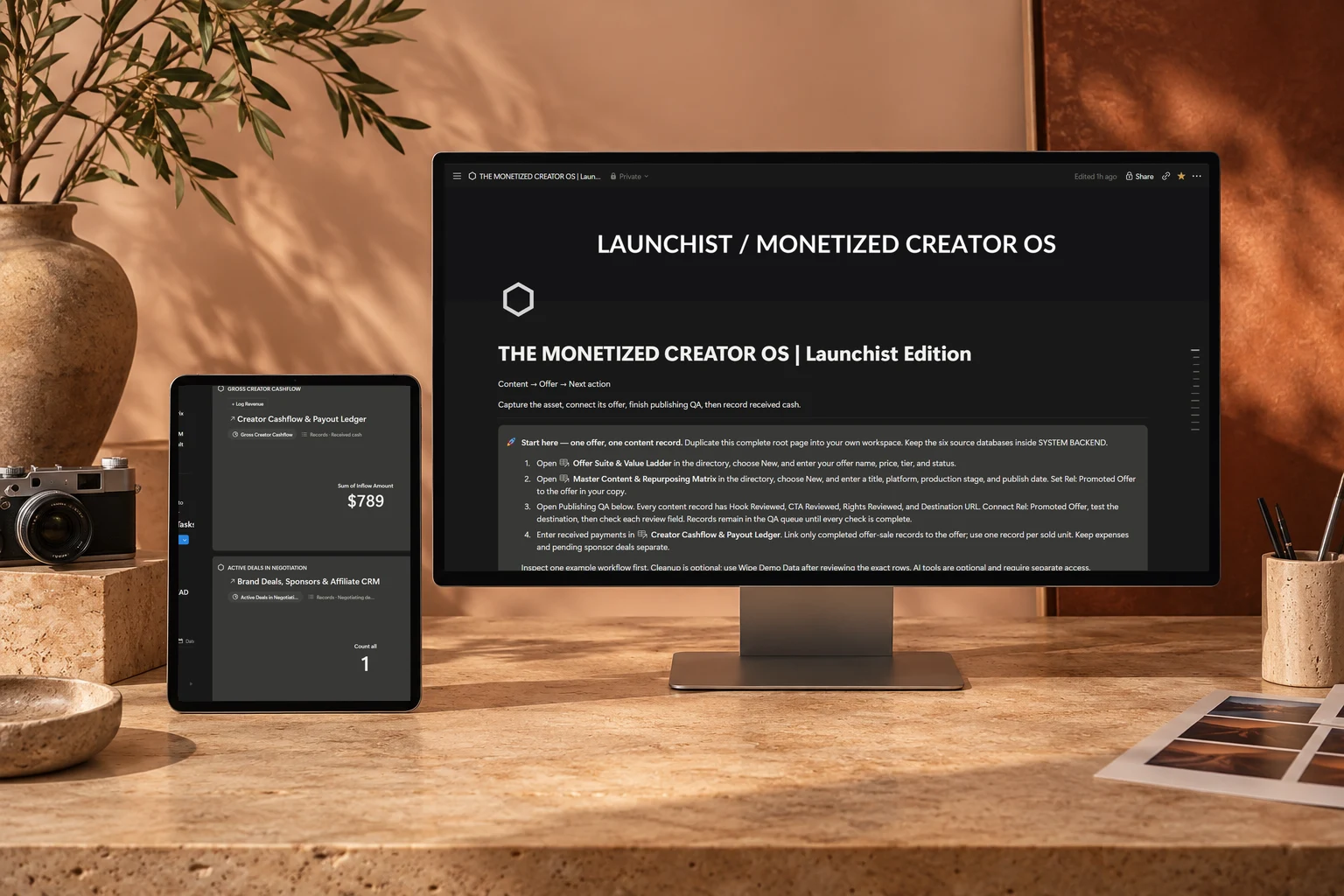 The Monetized Creator OS: genuine Notion dashboards composited into an original studio device photograph