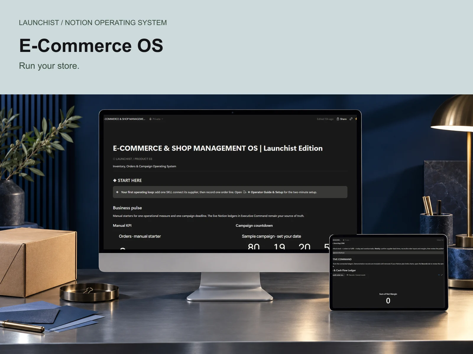 E-Commerce & Shop Management OS editorial cover featuring real Notion dashboard screenshots