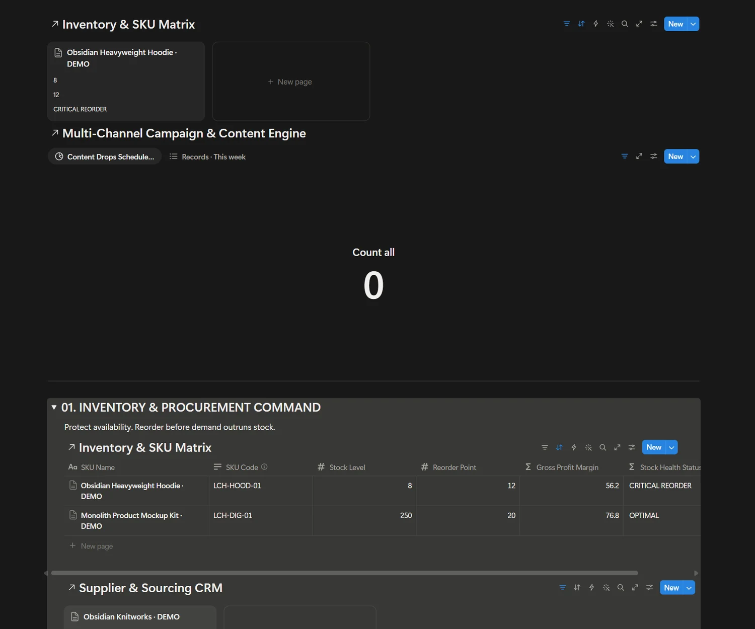 Detailed view of the actual E-Commerce & Shop Management OS Notion workspace
