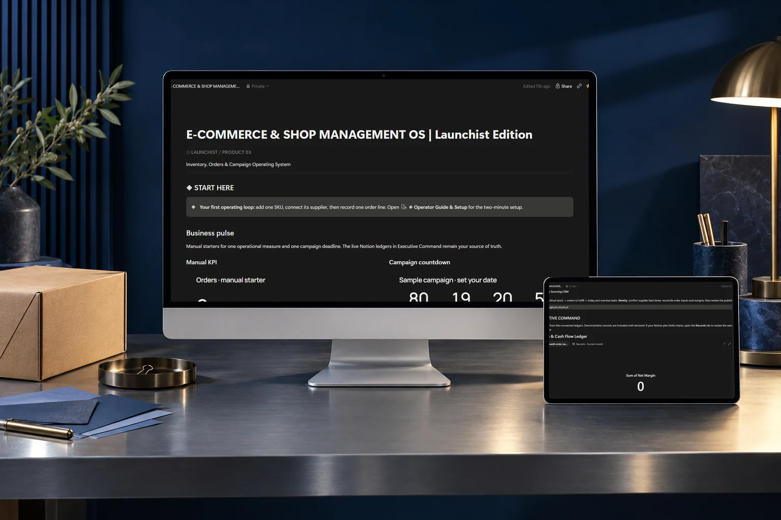 E-Commerce & Shop Management OS: genuine Notion dashboards composited into an original studio device photograph