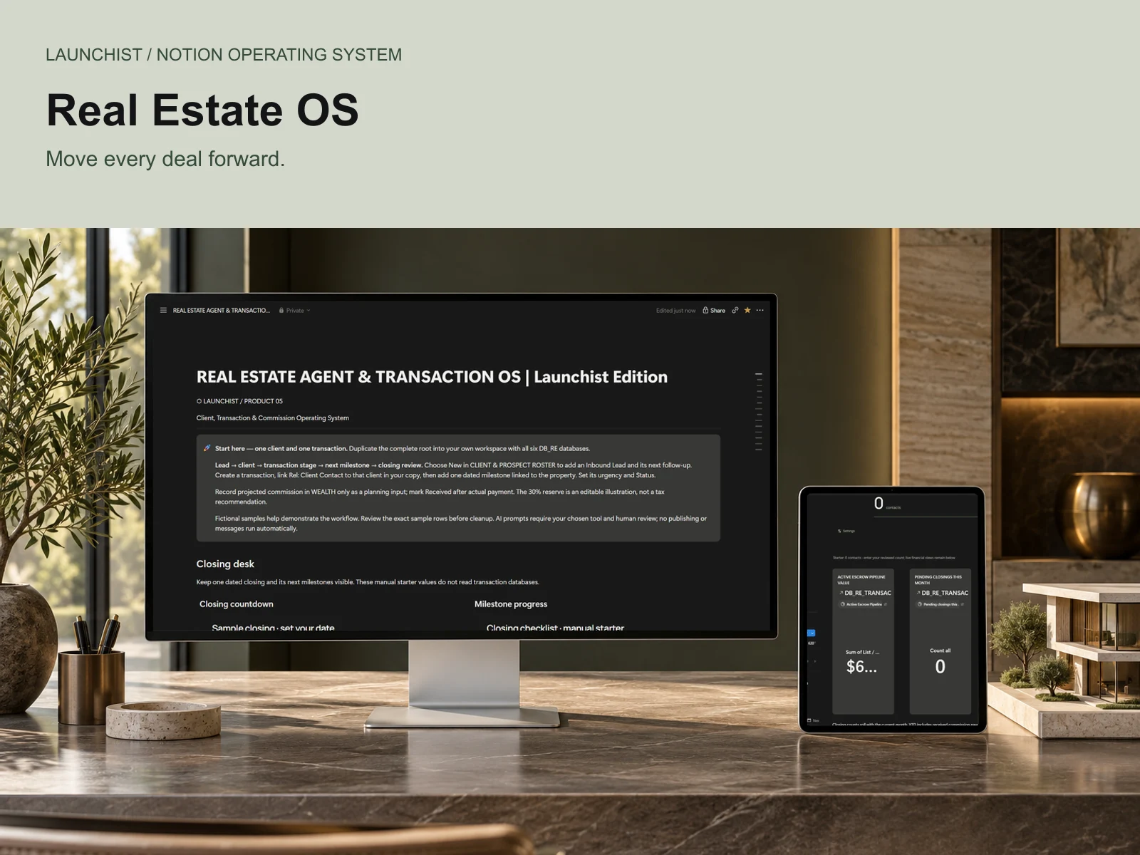 Real Estate Agent & Transaction OS editorial cover featuring real Notion dashboard screenshots