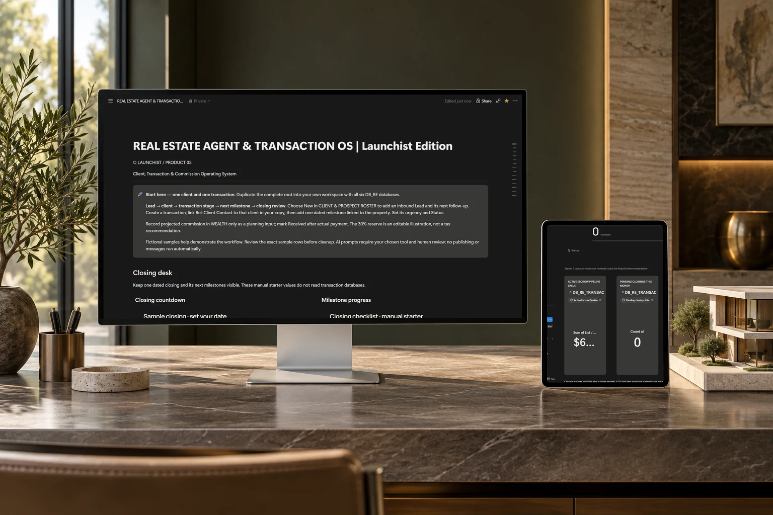 Real Estate Agent & Transaction OS: genuine Notion dashboards composited into an original studio device photograph