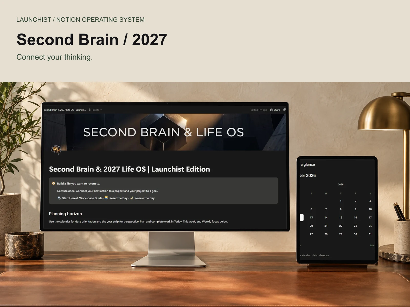 Second Brain & 2027 Life OS editorial cover featuring real Notion dashboard screenshots