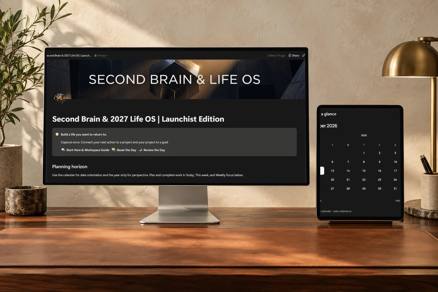 Second Brain & 2027 Life OS: genuine Notion dashboards composited into an original studio device photograph